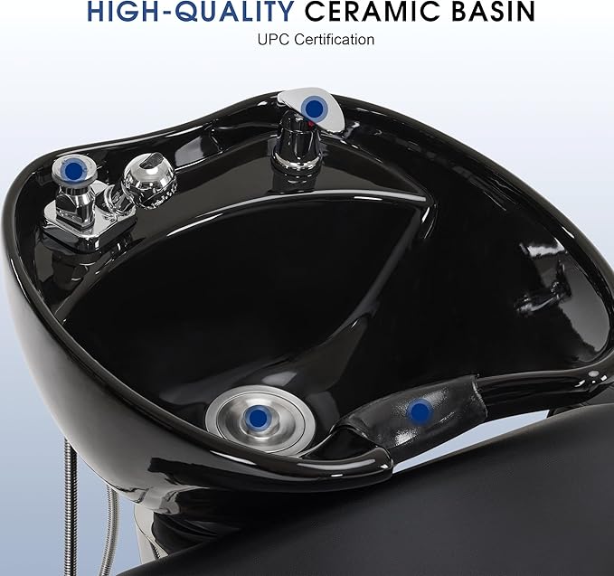 BarberPub Backwash Shampoo Station Chair, Adjustable Porcelain Ceramic Hair Wash Bowl Sink Unit Station, Reclining Shampoo Station Chair for Spa Beauty Salon Hair Salon Equipment 9303 (Black)