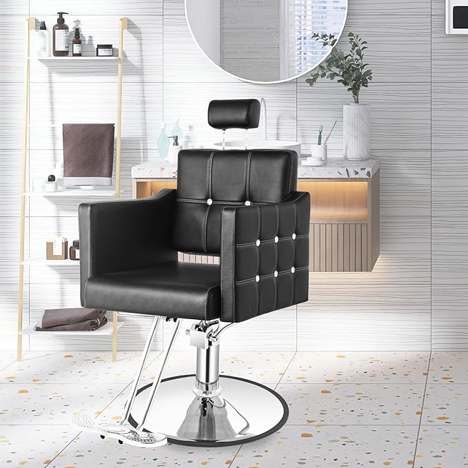 Black Reclining Salon Chair for Hair Stylist, Barber Chair for Barbershop with 350LBS Hydraulic Pump, Adjustable Headrest, 135° Recliner Hair Stylist Chair for Beauty Salon, Spa or Tattoo Studio