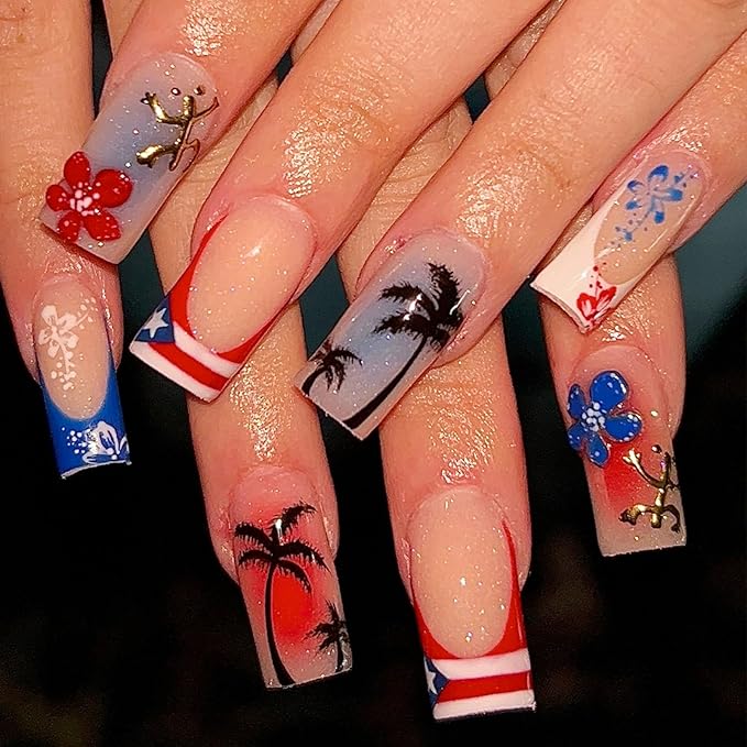 Summer Press on Nails Long Square Fake Nails Plame Tree False Nails with Design Cute Flower Glossy Glue on Nails French Tip Stick on Nails for Women Nail Art Decoration 24 Pcs