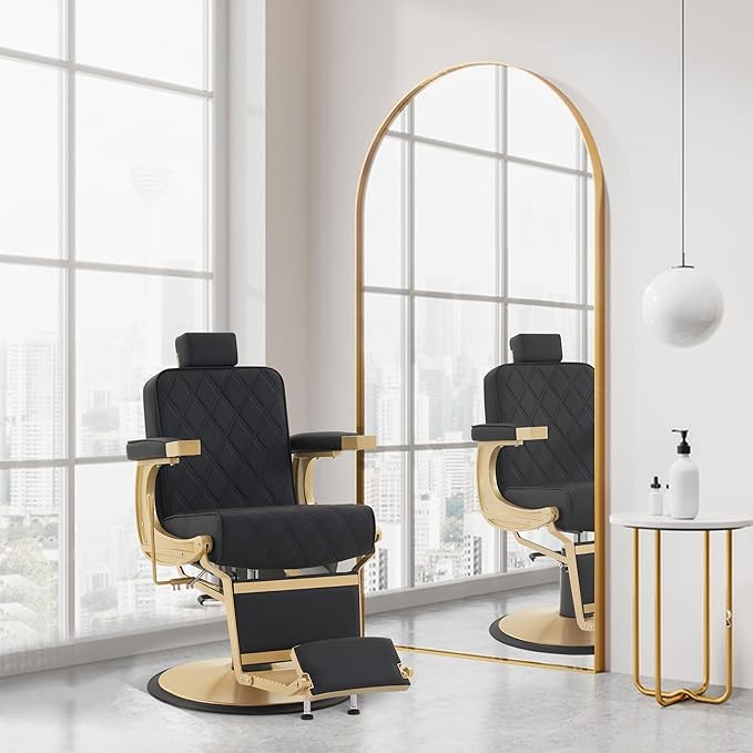 BarberPub Heavy Duty Metal Vintage Barber Chair All Purpose Hydraulic Recline Salon Beauty Spa Shampoo Equipment 3825 (Black with Gold Frame)