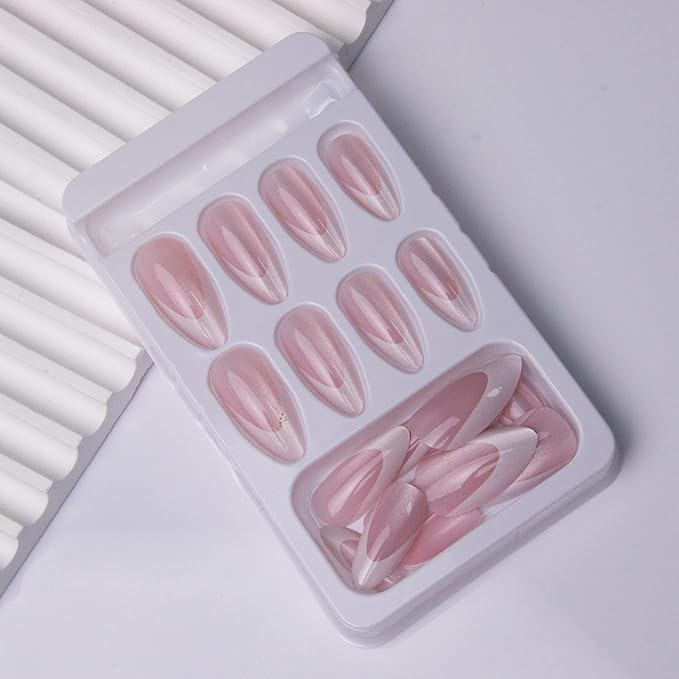 French Tip Press on Nails Medium Almond Fake Nails Cat Eye Chrome False Nails Press ons Glossy Pink Glue on Acrylic Nails for Women Manicure Deco 24Pcs