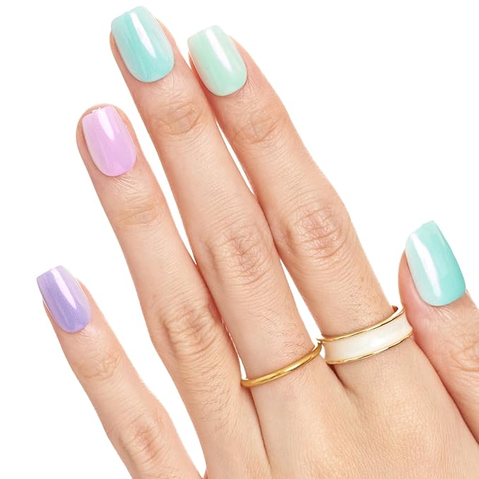 GLAMERMAID Press on Nails Extra Short Square, Color Skipping Chrome Spring Handmade Gel Glue on Nails, Glossy Fake Nails Reusable Acrylic False Nails Manicure Kits for Women