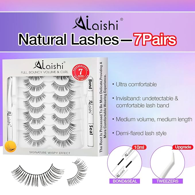 Wispy False Eyelashes Kit With Bond, Seal and Tweezer, 7 Pairs Natural Look Fake Cat Eye Lashes Strips Thin Band Extensions Waterproof Easy Eyelashes for Beginners DF1