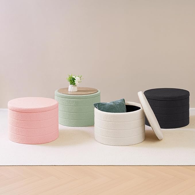 B FSOBEIIALEO Ottoman with Stroage, Round Sherpa Storage Ottoman Stool, Boucle Foot Rest22 x 22"x15.75" (Pink