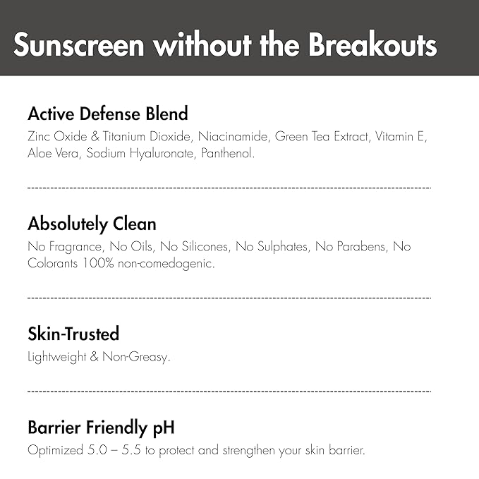 Breakout-Free Mineral SPF 50 Face Sunscreen – Zinc Oxide, Non-Comedogenic Broad-Spectrum UVA/UVB Protection for Sensitive & Acne-Prone Skin | Lightweight, Hydrating, Matte Finish & Water-Resistant 52G