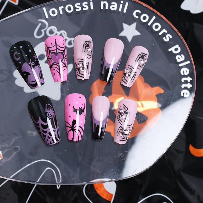24Pcs Halloween Press on Nails Medium Square Fake Nails with Spiders Rhinestone Design French Tip Glue on Nails Cute Ghost False Nails Full Cover Pink Black Gothic Halloween Acrylic Nails for Women