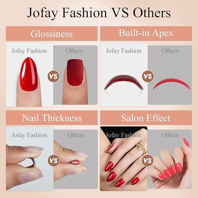 Red Press on Nails Almond, Jofay Fashion Soft Gel Fake Nails, Press on Nails, Reusable & Natural Acrylic False Nails, Stick on Nails for Women Girls Gift, Glue on Nails Kit 32 Pcs