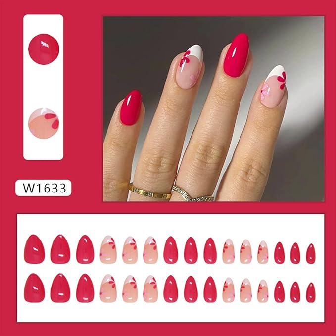 French Press on Nails Removable Almond Short Glue on Nails Rose Red Full Coverage False Nails with Designs Flower Easy to Use For Daily and Party Stick on Nails 24 Pcs