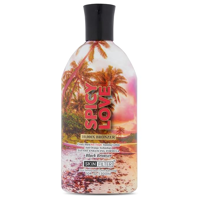 Spicy Love Tanning Lotion – 10,000X Crazy Dark Tanning Lotion – Tanner with Anti-Orange Technology and Tattoo Protection – Black Body Bronzer Made in the USA – Hydrating Formula