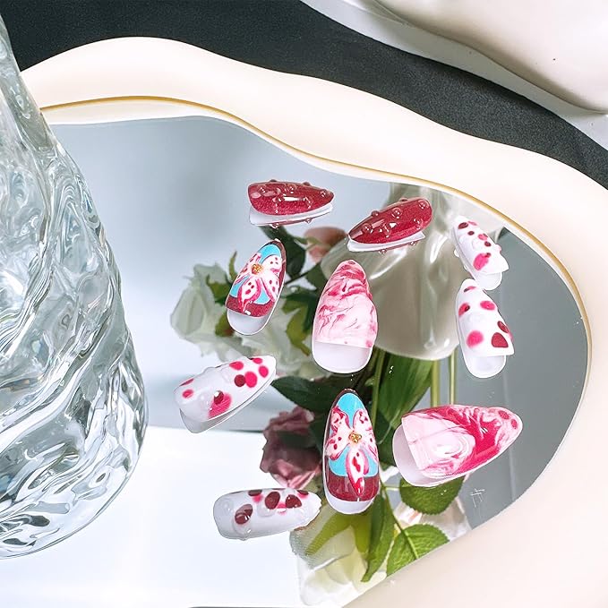 10pcs Halloween Press on Nails Medium Almond Fake Nails with 3D Snake Flower Designs Bloody False Nails Kit Halloween Acrylic Nails Full Cover Stick on Nail for Women Holiday Nail Decoration