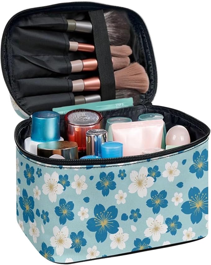 Blue White Cherry Blossom Pattern Travel Makeup Bags for Women Portable Tote Cosmetic Case with Carry Handle Daisy Floral Toiletry Accessories Storage Organizer Bags