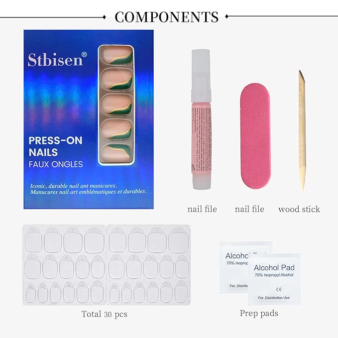 Fall Press On Nails Short Square Nude Fake Nails Green with Gold Stripes Fake Nails Fashion Glossy Acrylic Press ons Nail Gel Stick On Nails Set Glue on Nails for Women & Girls 30Pcs