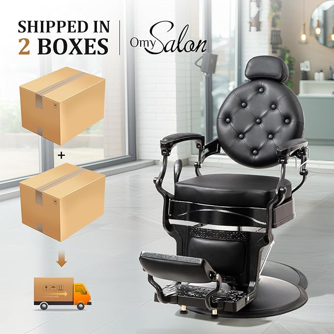 OmySalon Retro Barber Chair Heavy Duty, Aluminum Alloy Frame, Adjustable Headrest, Extra Wide Footrest, Hydraulic Salon Chair for Hair Stylist Reclining All Purpose for Beauty Spa Shampoo Styling