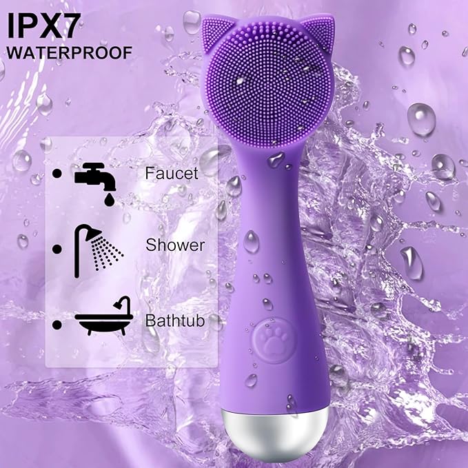 Facial Cleansing Brush, Silicone Face Scrubber Exfoliator for Men & Women, Electric Facial Brush Waterproof, with 3 Speeds Adjustable for Deep Cleaning, Removing Blackhead, Face Massaging (Purple)