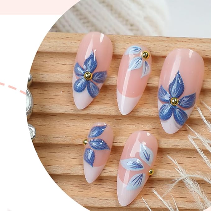 24pcs White French Tip Press on Nails Medium Almond Fake Nails with 3D Flower Gold Beads Designs Blue Floral Glue on Nails Summer False Nails Kit Acrylic Nail Tips Full Cover Stick on Nails For Women