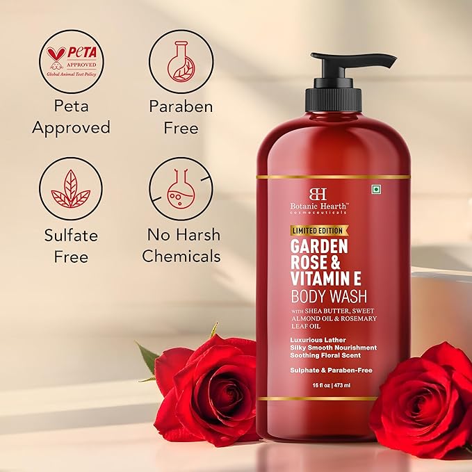 Botanic Hearth Garden Rose & Vitamin E Body Wash | Limited Edition, With Shea Butter, Sweet Almond Oil & Rosemary Leaf Oil 16 Fl Oz (473 Ml) | Sulphate & Paraben|Free, Luxurious Lather
