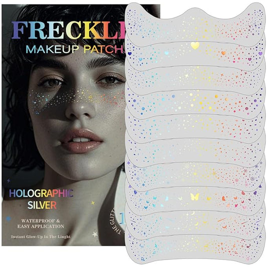 10 pcs Holographic Multichrome Glitter Freckles Face Tattoo, Waterproof Sparkle Face Glitter Speckles Patches for Women, Glitter Temporary Tattoo for Rave (10PCSA Holographic Multicolor)