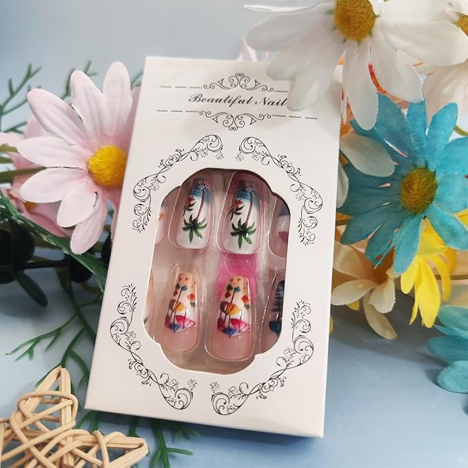 Summer Beach Press on Nails Sea Stars Stick on Nail Ocean Acrylic Full Cover Fake Nails 24Pcs Glossy Colorful Medium Coffin False Nail Coconut Tree Gel Glue on Fingernails for Holiday Manicure Art