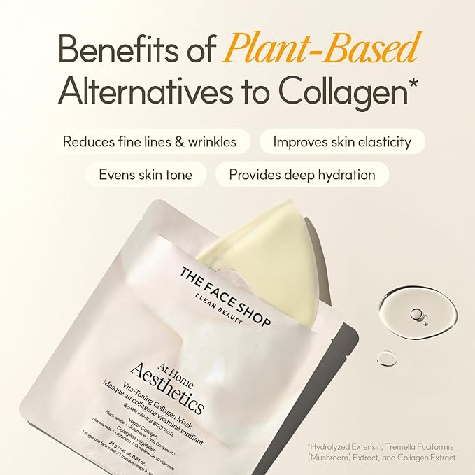 THE FACE SHOP Vita-Toning Vegan Collagen Face Mask, Korean Glass Skin Essential, Hydrogel Mask for Moisturizing & Skin Elasticity, Improves Uneven Tone, 4EA