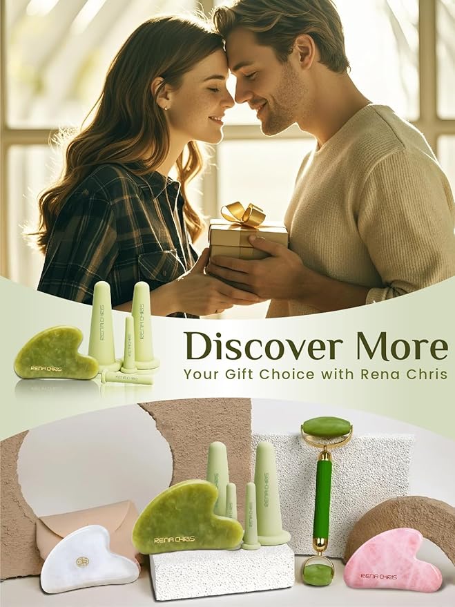 Rena Chris Facial Cupping Set & Gua Sha Facial Tool - Silicone Cupping Set & Jade Gua Sha Stone - Face Cupping Therapy Set for Natural Skin Care, Puffiness, Lip Plumping(Green)