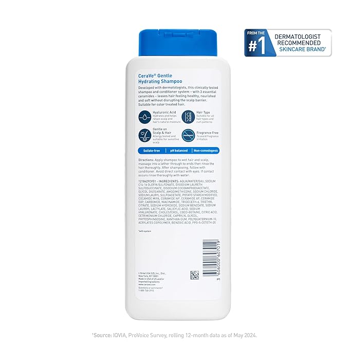 CeraVe Gentle Hydrating Shampoo, With Ceramides, Niacinamide & Hyaluronic Acid For Soft, Healthy Looking Hair & Scalp, Sulfate Free & Color Safe Shampoo, For All Hair Types, 12 Oz (Pack of 2)
