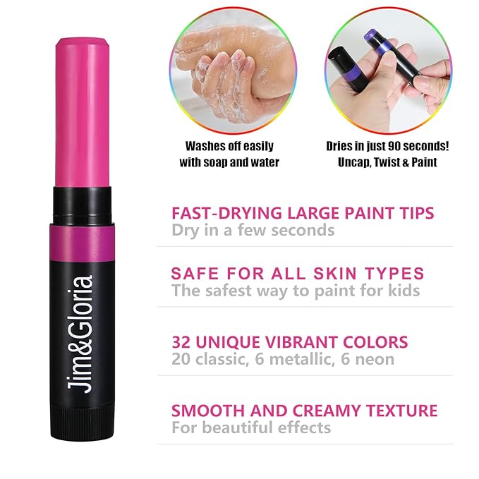 Jim&Gloria Face Paint Kit Bulk 32 Professional Face Painting Kit for Kids Party, Metallic, Neon, Classic Facepaint Crayons, Washable Body Paint Adults, Halloween Makeup, Boys Girls Gifts Crafts Toys