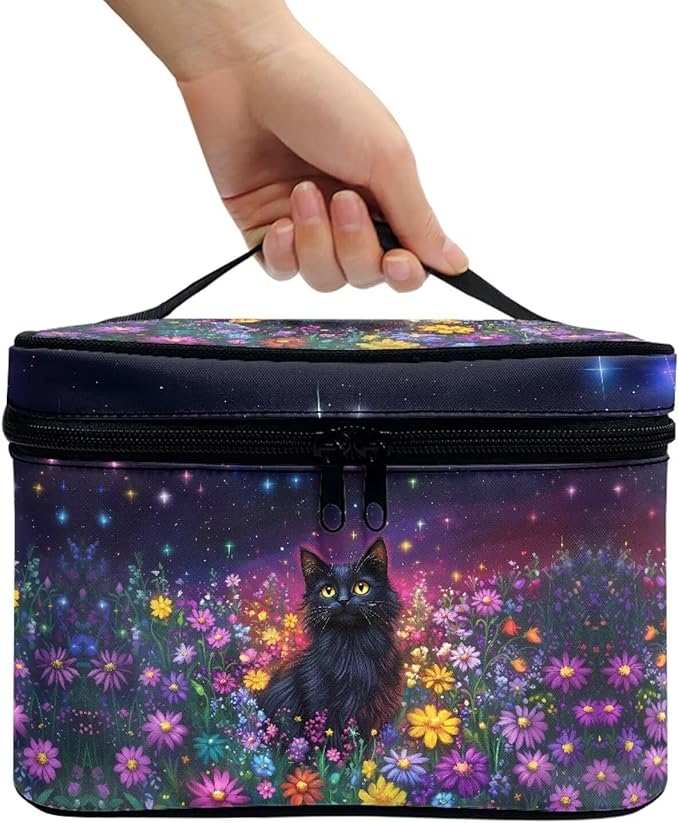 Black Cat Colorful Daisy Flower Print Travel Makeup Bags for Women Portable Tote Cosmetic Case with Carry Handle Toiletry Accessories Storage Organizer Bags