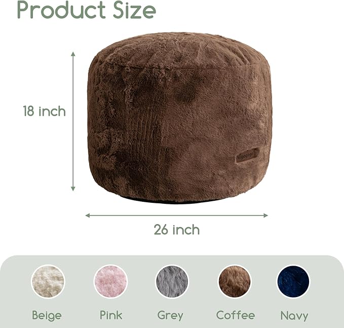 HIGOGOGO Pouf Stuffed Ottoman Round Modern Foam Filled Foot Rest Chair Decorative Poufs 26 x 18 Inches Fluffy Boho Comfy Stool for Living Room, Brown