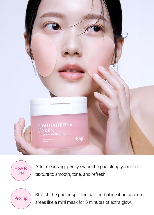 Snp PDRN+99% Glutathione+Niacinamide Facial Toner Pads | Treat Blemishes Exfoliating Pad | LHA, PHA Acne Pad | Bamboo & Vitamin C, E, Ferulic Acid Double-Sided Patch | Toner Pads Korean | 60 Sheets