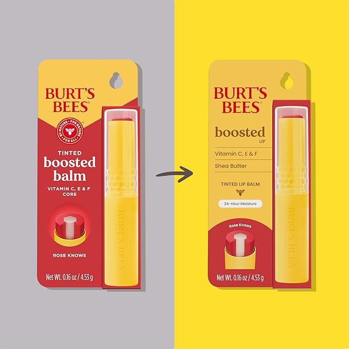Burt’s Bees Stocking Stuffers, Tinted Boosted Balm, Rose Knows, Hydrating Tinted Lip Balm, 24 Hour Lip Moisturizer with Responsibly Sourced Beeswax, 100% Natural Origin, 1 Count, 0.16oz