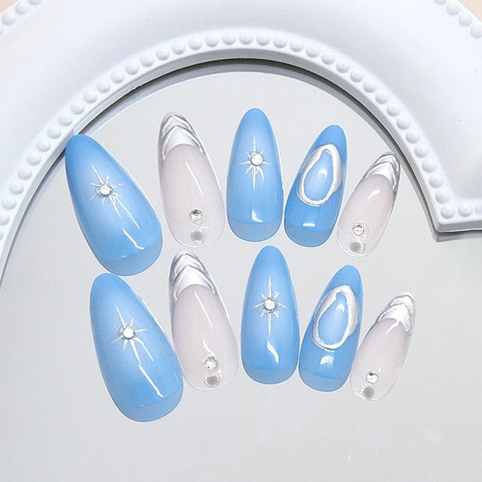 24Pcs Blue Press on Nails Medium Almond Fake Nail Tips with Rhinestones Sparkling Star Gothic Style Y2k Blue French Silver Star Stick on Nails Acrylic Nails Almond Shape False Nails for Women