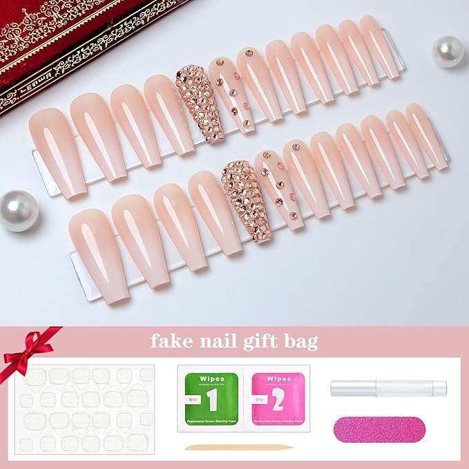 Yivaiks Ballerina 24pcs Press-on Nails Kit, Acrylic False Nails with Rhinestones Design, 12 Sizes for Women, Glossy Artificial Nails for Special Occasions and Daily Use