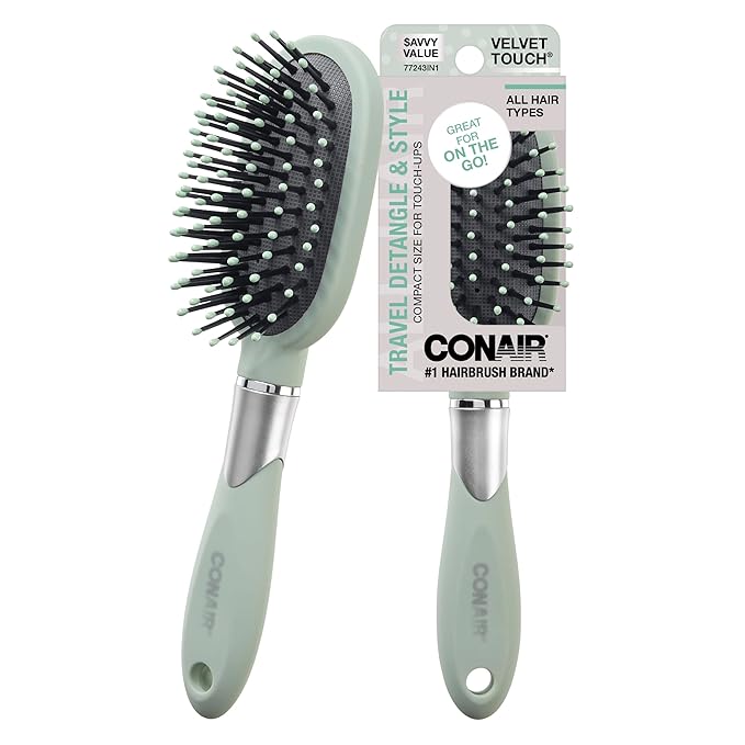 Conair Velvet Touch oval cushion hair brush - Travel Hairbrush- Detangling - ideal for curly or straight styles - detangler brushes - women or men - Sage Green
