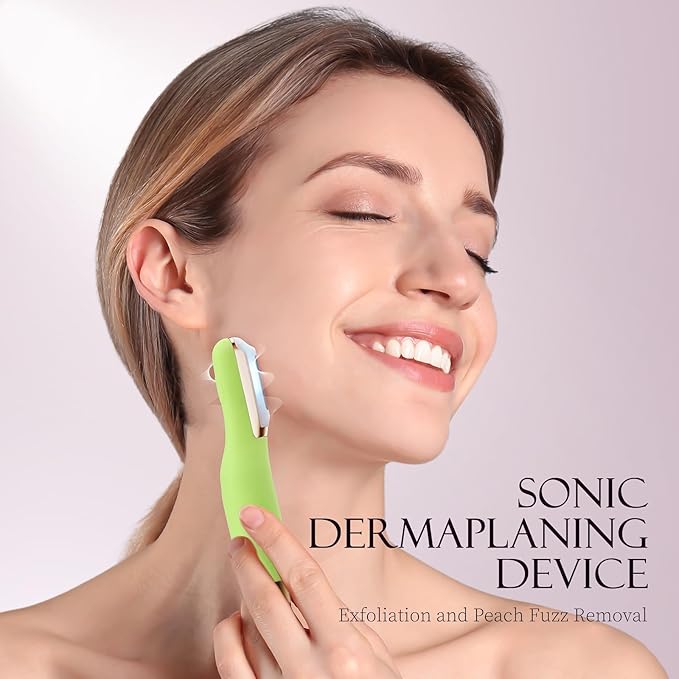 Sonic Dermaplane Razor for Women Face, Dermaplaning Tool for Face, Sonic Edge Technology, Facial Hair Removal for Women, Peach Fuzz with 8 Replaceable Blades(Green)