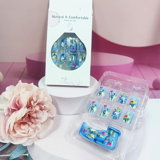 Blue Press on Nails Short Square Acrylic Full Cover False Nails Spring Flower Stick on Nails Glossy Gold Glitter Fake Nails 24Pcs Wild Flowers Gel Glue on Nails for Coquette Women Girls