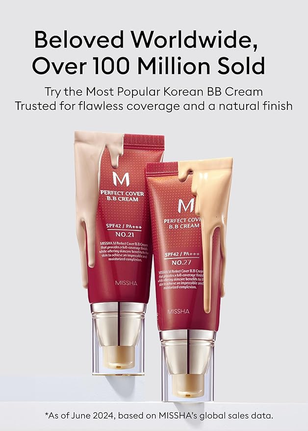 MISSHA M Perfect Cover BB Cream No.25 Warm beige for Light/Medium with Neutral Skin Tone SPF 42 PA +++ 1.69 Fl Oz - Tinted Moisturizer for face with SPF