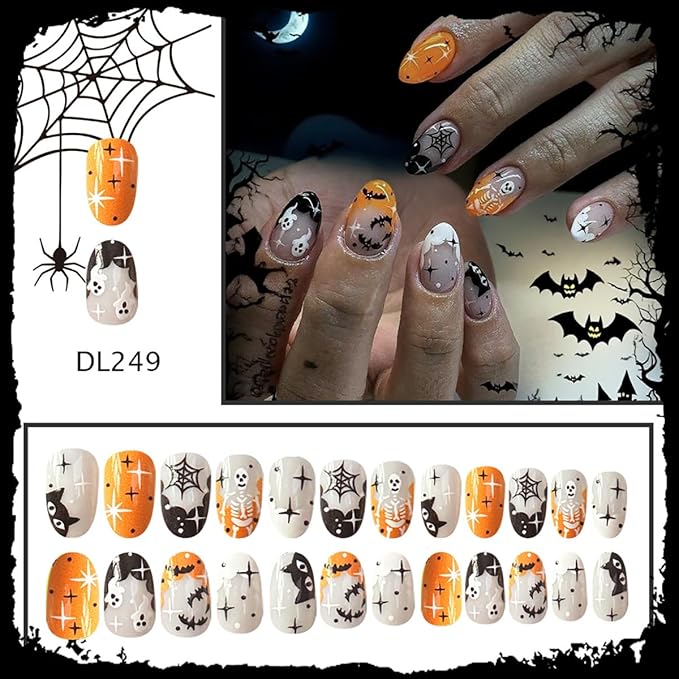 24Pcs Halloween French Tip Press on Nails Short Oval False Nail with Bat Ghost Spider Web Black Cat Skeleton Design Glue on Nails Stars Acrylic Nail Orange Black Full Cover Stick on Nails for Women