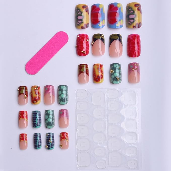 Square Press on Nails Medium Fake Nails Red Artificial Nail Multicolor Tortoise Shell and Gold Charm Designs Cute Stick on Nail for Women 24pcs