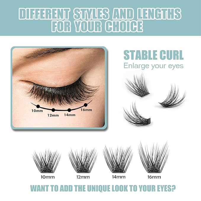 DIY Eyelash Extension, 3D Effect Glue Bonded Band Individual Lash 48 Clusters Volume Lashes Set, Home Eyelash Extension, C curl Lashes Pack 10MM-Volume-48 Clusters