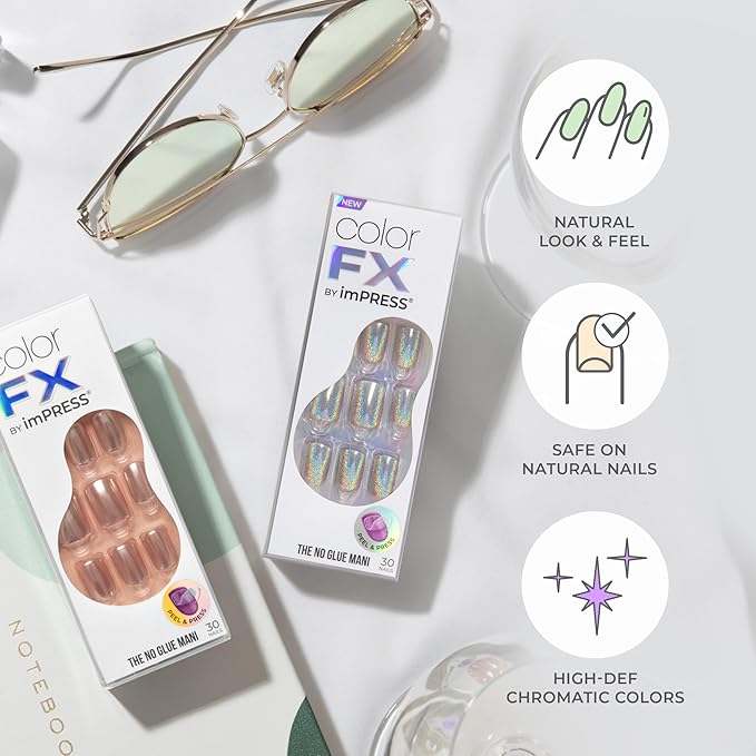 KISS colorFX by imPRESS Press-On Nails, Easy No-Glue Manicure, Solid Pink Chrome, Short Squoval, Stronger Adhesive, 30 Fake Nails + Prep Pad, Manicure Stick & Mini Nail File