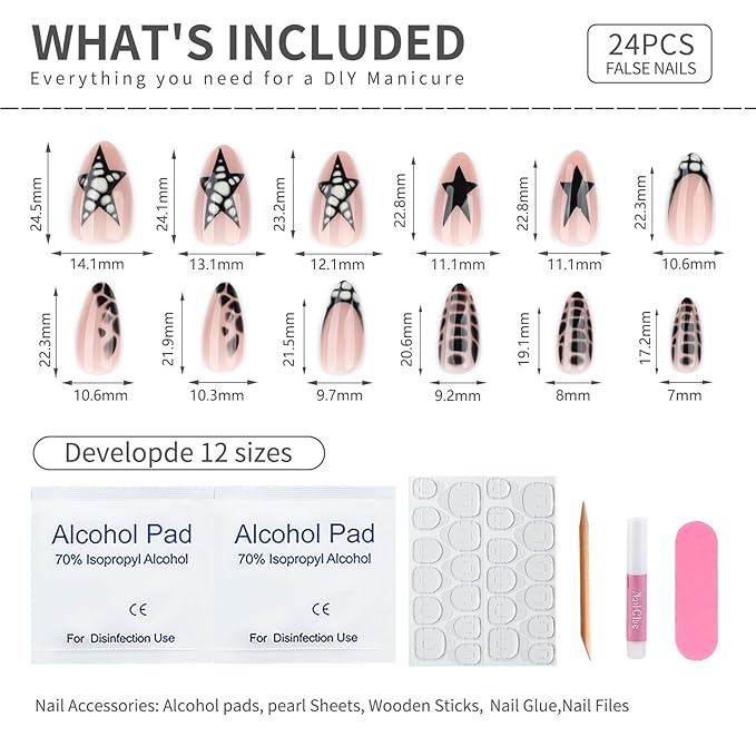 Nude Pink French medium Press On Nails Almond, Punk Mixed Design Fake Nails with Black Star & Crocodile Texture Detail, Glossy Gel Finish Acrylic Nails, Reusable Glue On Nails Kit for Women