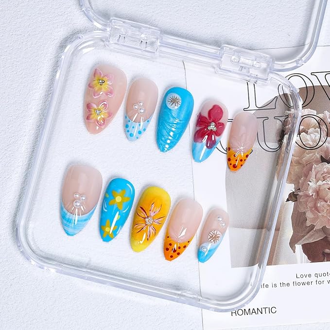 24Pcs Handmade Press on Nails Medium Almond French Tip Fake Nails with Pearl Designs 3D Flower False Nails Full Cover Artificial Glue on Nails Blue Pink Summer Acrylic Nails for Women DIY Nails Tips