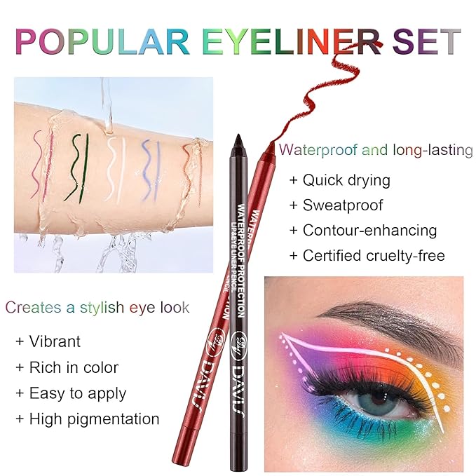 7 Colorful Eyeliner Pen Set, Eye Shadow Pencil, Pearl Eyeliner Kit Metallic Glitter Colored Eye liner for Women Eye&Lip Liner Professional Waterproof Eye Makeup (7PCS A)