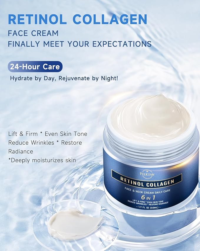 Retinol Cream for Face, Face Moisturizer with Collagen & Hyaluronic Acid, Anti Aging Neck Cream for Tightening Skin, Facial Creams Day & Night for Women and Men 2-Pack