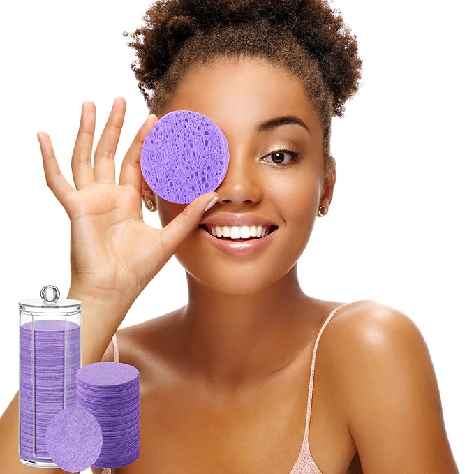 Sieral 120pcs Compressed Facial Sponges Disposable Natural Face Sponges Round Soft Pads with Container for Washing Face Cleansing Exfoliating Esthetician Makeup Removal Travel(Purple)