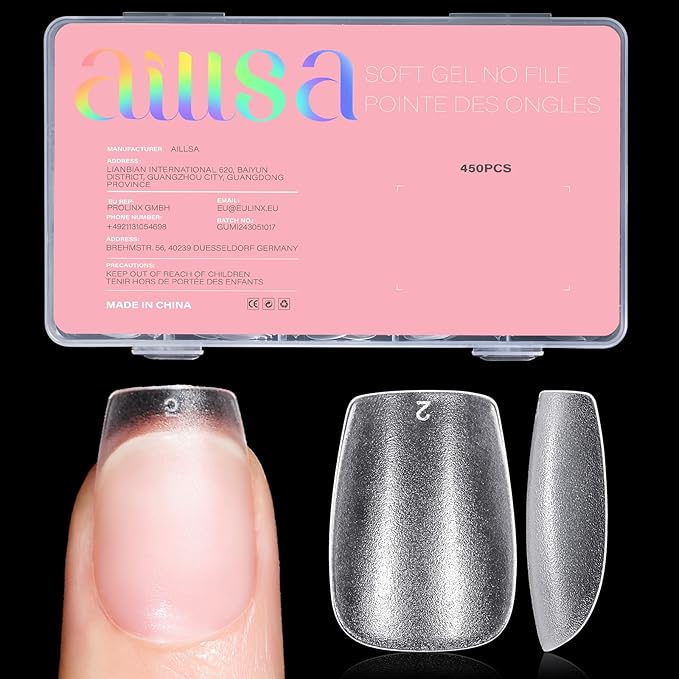AILLSA Extra Short Coffin Nail Tips 450PCS Full Cover Acrylic Gel Clear Nail Tips Double-sided Matte Pre-Shaped Press on False Nail Tips for Nail Extension Fake Nails Manicure 15 Sizes