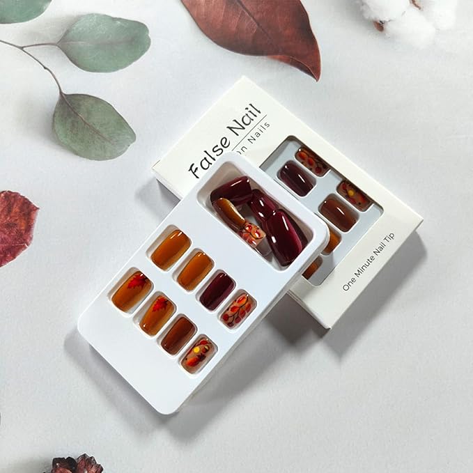 Medium Press on Nails Square Fake Nails with Maple Acorns Design Thanksgiving False Nails Fall Acrylic Nail Kit Stick on Fingernails Autumn Brown Gel Glue on Nail for Women Manicure