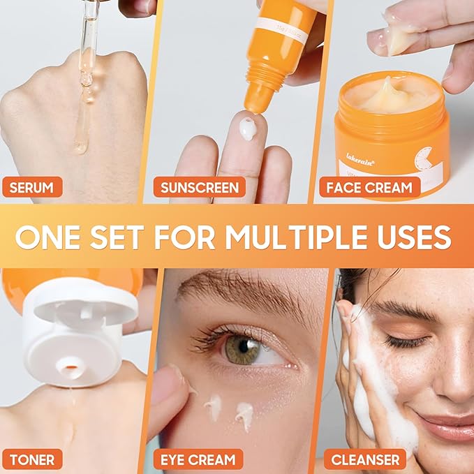 6 Pcs -Vitamin C Skincare Set for Face - with Cleanser, Serum, Eye Cream, Moisturizer, Sunscreen & Toner | Brightening, Hydrating& Anti-Aging,Perfect for Teens & Girls,Moisturizing Face Skin Care Kit
