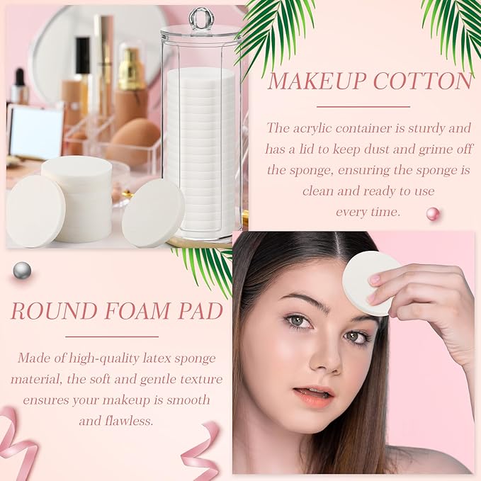 Dandat 20 Pcs Round Makeup Sponge with Acrylic Container Compact Powder Puff Cosmetic Sponge Round Foam Pad Beauty Face Makeup Foundation Powder Blender for Wet and Dry Dual Use(White)