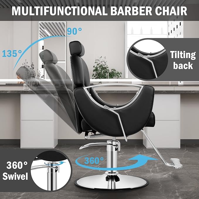 Reclining Salon Chair for Hair Stylist, Heavy Duty Hair Barber Chair with Adjustable Headrest, 360 Degree Swivel Beauty Spa Equipment Max Load 440Lbs, Black Silver